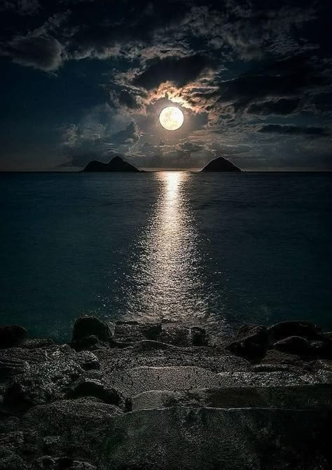 “Good night moon, shine on. Moon over Oahu in Hawaii The moon, along with the ocean waves, brings some calm and peace ” Full Moon Pictures, Full Moon Photography, Moon And Stars Wallpaper, Moon Sea, Night Sky Moon, Ocean At Night, Night Sky Photography, Moon Images, Moon Photos