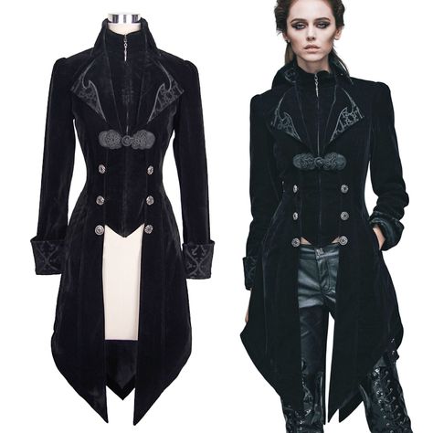 Devil Fashion Ladies Gothic Velvet Frock Coat | BOUDOIR NOIR Goth Coat, Black Velvet Coat, Steampunk Coat, Gothic Coat, Steampunk Dress, Steampunk Women, Unique Jackets, Vintage Goth, Womens Windbreaker