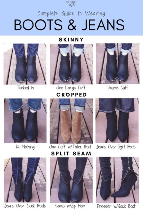 Wearing Boots with Jeans | How to wear ankle boots with every pair of jeans including skinny, cropped, split hem, zipper hem and kickflare Boots With Jeans, Busbee Style, Boots And Jeans, Ankle Boots With Jeans, How To Wear Ankle Boots, Look Boho Chic, Boots Outfit Ankle, Mode Tips, Wear To Work Dress