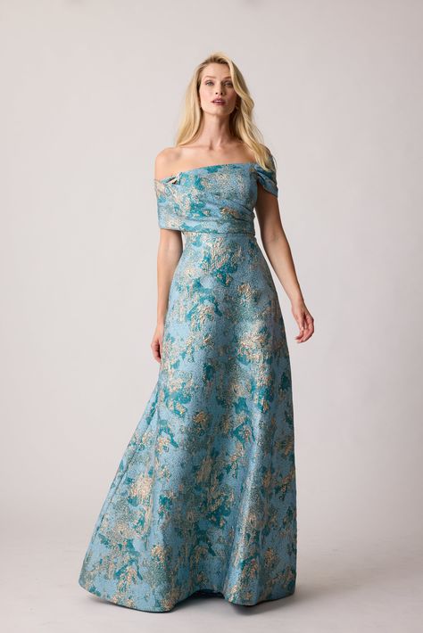 Jacquard One Shoulder Side Ruffle Gown | Teri Jon – Terijon.com Jacquard Gown, Ruffle Gown, Off Shoulder Gown, Teri Jon, Large Floral Print, Mob Dresses, Tulle Gown, Floral Print Skirt, Metallic Fabric