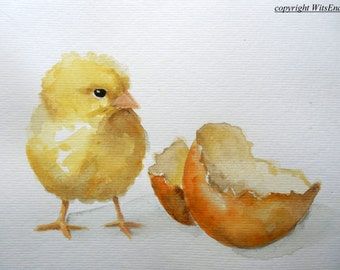 Art for the Romantic Heart by WitsEnd by 4WitsEnd on Etsy Chick Painting, Watercolor Chicken, Watercolour Bird, Farm Animal Art, Pig Painting, Farm Animal Nursery, Easter Paintings, Chicken Painting, Rabbit Painting