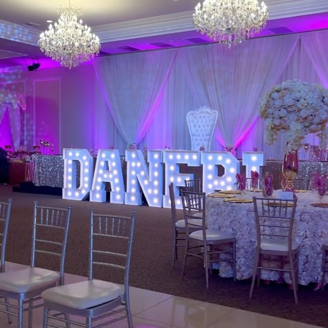 Big Light Letters, Sweet 16 Name Display, Quince Name Letters, Big Light Up Letters, Blue Butterfly Quince, Purple Enchanted Forest, Sweet 16 Purple, Baby Blue Butterfly, Blue Quinceanera Theme