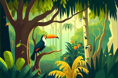 Jungle Bird Illustration, Tropical Rainforest Illustration, Jungle Theme Illustration, Tropical Island Illustration, Jungle Illustration Background, Island Art Tropical, Tropical Forest Illustration, Jungle Concept Art, Jungle Reference