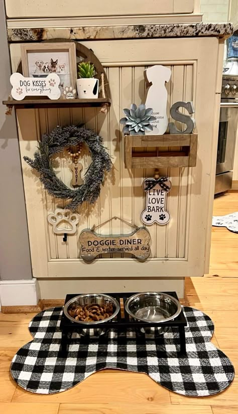 Cute Dog Area In Apartment, Dog Bowl Area In Kitchen, Farmhouse Dog Area, Dogs Apartment Living, Dog Shelf Ideas, Diy Dog Closet Ideas, Dog Food Corner Ideas, Dog Area Decor Ideas, Dog Food Area Ideas