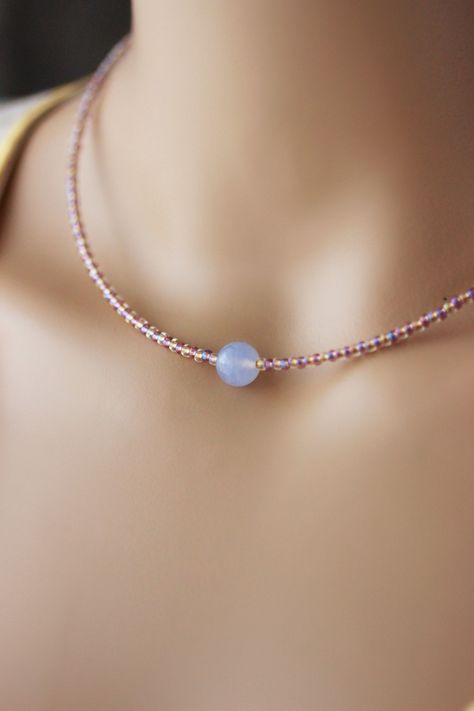 Dainty Minimalist Choker with Stone Bead Delicate Lilack Calcite Single Bead Necklace Simple Crystal Necklace One Gemstone Bead Necklace Single Bead Necklace, Simple Crystal Necklace, Wire Necklaces, Beaded Jewelry Necklaces, Necklace Inspiration, Single Bead, Crystal Bead Necklace, Gemstone Beaded Necklace, Bead Necklaces