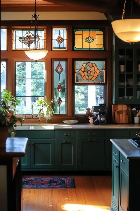 Green Kitchen Ceiling, Boho Moody Kitchen, Mossy Green Kitchen, Modern And Vintage Kitchen, Kitchen Jewel Tones, Bright Moody Kitchen, Apothecary Kitchen Aesthetic, Moody French Kitchen, Dark Maximalist Kitchen