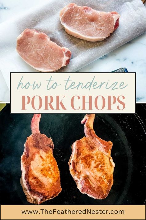 Just say no to dried out meat! Let us show you how to tenderize pork chops 3 different ways, so you can have the tender, juicy chops you crave (and deserve!) for dinner tonight. Taking the time to brine, marinate, or use a meat mallet to tenderize pork makes a big difference in the overall texture, juiciness, and flavor. How To Get Pork Chops Tender, Best Tender Pork Chops Ever, How To Tenderize Pork Chops With Baking Soda, Tenderizing Pork Chops With Baking Soda, Tenderize Pork Chops Boneless, Velveting Pork Chops, How To Marinate Pork Chops, How To Make Boneless Pork Chops Tender, Most Tender Pork Chops