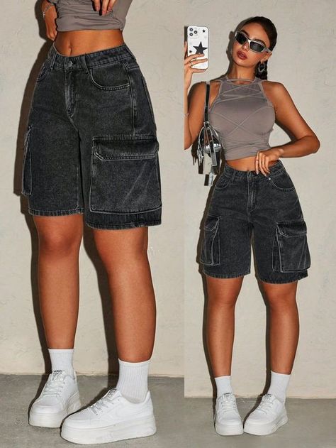 Houston Fashion Outfits, Cute Cargo Shorts Outfit, Denim Wear Women, Long Jean Shorts Outfit Black Women, Girlie Tomboy Style, Woman’s Street Wear, Hot Styles Outfits, Summer Clothes Black Women, Cute Outfits For Short Women