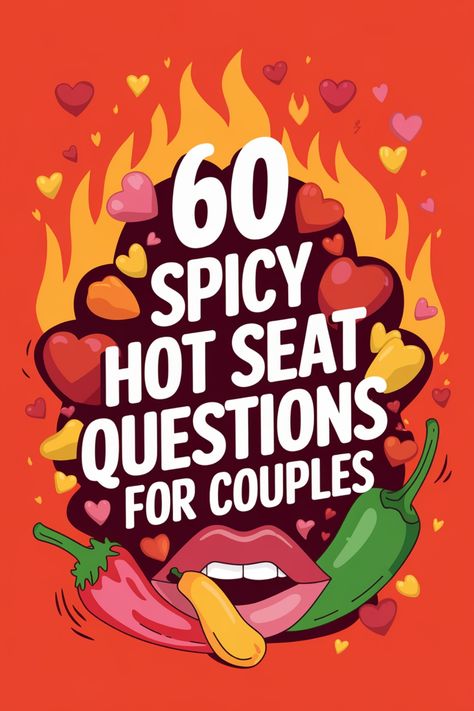 60 spicy hot seat questions for couples with colorful peppers, hearts, and flames. Koffee With Karan Rapid Fire Questions, Fun Couples Question Game, Spicy Couples Questions, Hot Seat Questions Spicy, Spicy Questions For Couples, Spicy 21 Questions, Road Trip Questions For Couples, Questions For Couples Game, Dirty Questions For Couples