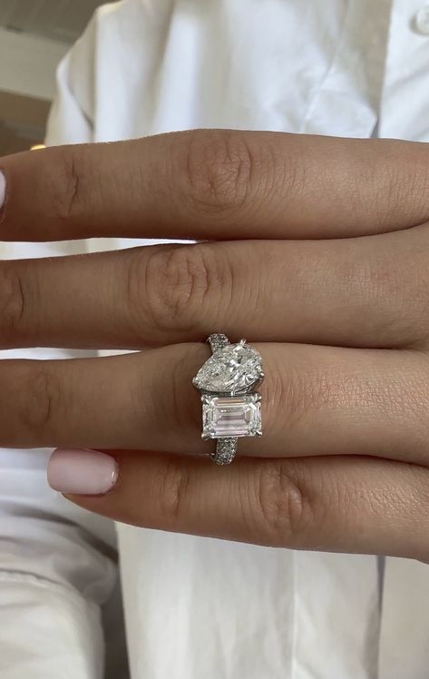 Stunning two-stone ring , pear and emerald cut diamonds Radiant And Pear Engagement Ring, Double Stone Wedding Ring, Pear And Emerald Cut Diamond Ring, Too Et Moi Engagement Ring, Pear Cut Ring, Pear Engagement Ring, Stone Engagement Rings, Emerald Cut Diamonds, Pear Cut