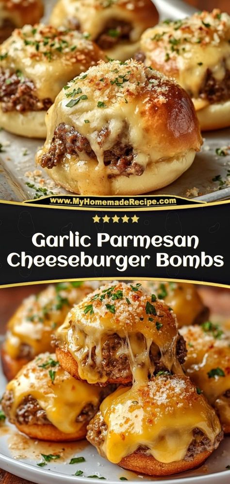 These garlic parmesan cheeseburger bombs are stuffed with beef, cheese, and a hint of garlic flavor, wrapped in flaky biscuit dough. Great for parties! Ingredients: 1 lb ground beef, cooked and seasoned 1 can biscuit dough ½ cup shredded cheddar cheese 1 tbsp garlic powder Serve these bites with marinara sauce or ketchup for dipping Ground Beef In Biscuits, Parmesan Bites Recipe, Bunch Ideas Lunch, Ground Beef Burger Sliders, Garlic Ground Beef Recipes, Cheese Burger Cups, Biscuit Stuffed Recipes, Ground Beef Parmesan Recipes, Ground Beef Canned Biscuits