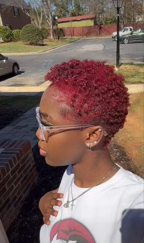 Low Haircut For Black Women With Color, Short 4c Hairstyles Big Chop Dyed, Big Chop Red Hair Black Women, Colored Big Chop, Short Curly Red Hair Black Women, Low Cut Curly Hair Black Women, Short 4c Hair Dyed, Short Natural Hair Color For Black Women, Dyed Shaved Hair Black Women