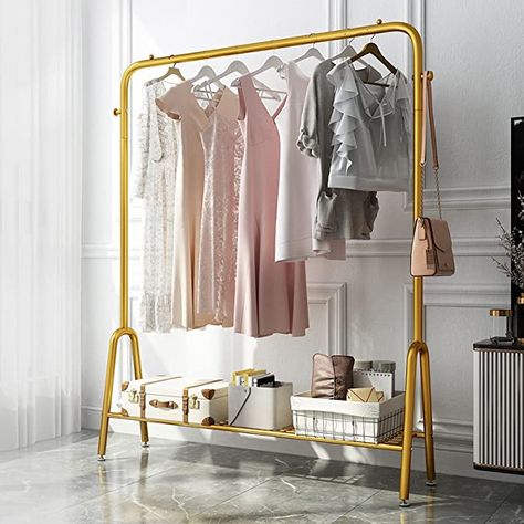 Amazon.com: Grade one Gold Garment Rack Clothes Rack Metal Heavy Duty Drying Clothing Rack Metal Shoes Bags Clothes Organizer Storage Shelves : Home & Kitchen Shop Rack Design, Metal Bedroom, Free Standing Shelves, Storing Shoes, Metal Clothes Rack, Modern Coat Rack, Hall Stand, Clothing Racks, Boutique Display