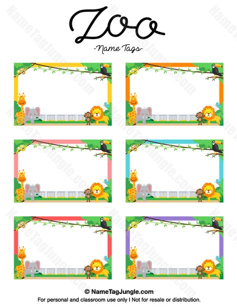 Free printable zoo name tags. The template can also be used for creating items like labels and place cards. Download the PDF at http://nametagjungle.com/name-tag/zoo/ Preschool Name Tags, Diy Name Tags, Jungle Theme Classroom, Desk Name Tags, Preschool Names, Name Tag Templates, Safari Kids, Spongebob Birthday Party, Tag Templates