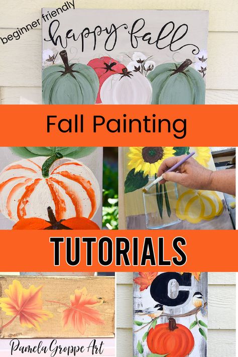 Fall painting tutorials, step by step instructions with video and printable patterns. Have fun painting your Fall / Autumn decor. Easy enough for beginners and fun for everyone, including the kids. Enjoy painting along or hold a paint party, even if it must be virtual! Diy Fall Paintings, Pumpkin Canvas Painting, Fall Canvas Painting, Acrylic Painting Ideas, Minimal Painting, Fall Canvas, Canvas Painting Tutorials, Acrylic Painting For Beginners, Canvas Painting Diy