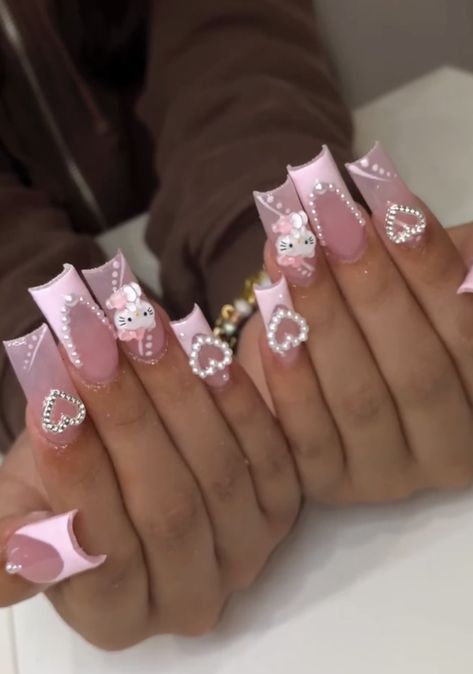 Hello Kitty Nails Acrylic, Nails Hello Kitty, Art Hello Kitty, Hello Kitty Nails Art, 3d Nail Designs, Kitty Nails, Girly Acrylic Nails, Cute Acrylic Nail Designs, Hello Kitty Nails