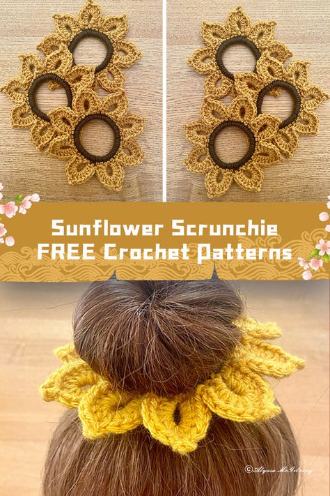 Get creative with these #crochet patterns for sunflower scrunchies. They're free and perfect for adding a touch of summer to your hair! Diy Crochet Hair Accessories, Sunflower Scrunchie, Diy Hair Accessories Tutorial, Scrunchie Crochet, Flower Scrunchie, Crochet Hair Clips, Hair Crochet, Knitting Paterns, Crochet Earrings Pattern