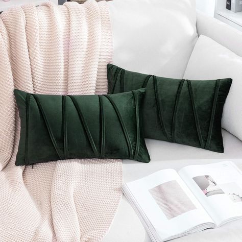 MIULEE Striped Velvet Cushion Cover Soft Solid Decorative Rectangle Pillow Case Throw for Sofa Couch Bedroom with Invisible Zipper 2 Pieces 12"x20" 30x50cm Dark Green Dark Green Pillow, Decoration Pillows, Pillows For Sofa, Earthy Decor, Studio Apartment Design, Midnight Green, Outdoor Cushion Covers, Eclectic Living, Rectangular Pillow Cover