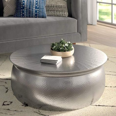 Mistana Tera Coffee Table Hammered Coffee Table, Coffee Table Metal, Aluminum Coffee Table, Drum Coffee Table, Metal Drum, Coffee Table Grey, Table Metal, Cool Coffee Tables, Metal Coffee Table