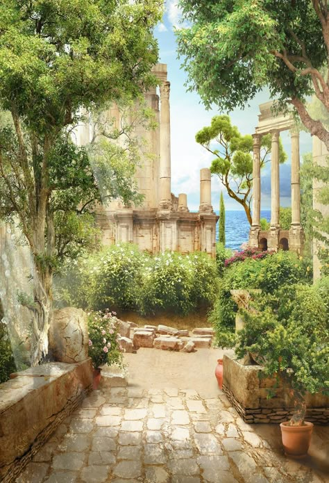 Ancient Greek Garden, Greek Castle, Ancient Greece Aesthetic, Greek Garden, Greek Aesthetic, Greece Aesthetic, Greek Architecture, Ancient Greek Architecture, Fantasy Places