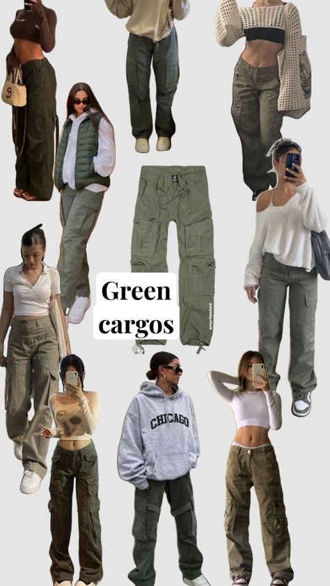 #green #cargos #fashion #fashioninspo #outfitinspo #outfit #clothes #clothescollage #inspo #fashionboard Outfit Inspo With Green Cargo Pants, Aesthetic Clothes Cargo Pants, Green Cargo Fall Outfit, Cool Cargo Pants Outfits, Cute Green Cargo Pants Outfits, Cargo And Jumper Outfit, Green Cargo Style, Green Outfit For School, Fit With Cargo Pants