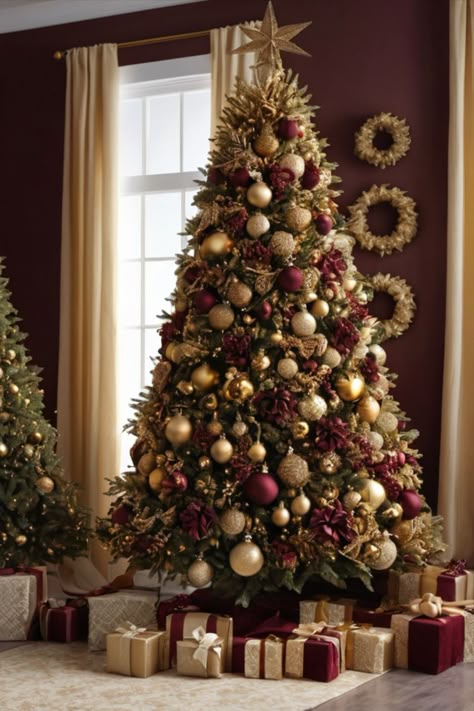 Burgundy Black And Gold Christmas Tree, Christmas Tree Color Ideas Gold, Rose Gold And Maroon Christmas Tree, Silver Gold Burgundy Christmas Tree, Maroon Gold Christmas Tree, Burgundy Dark Green Christmas Tree, Burgundy And Beige Christmas Tree, Gold And Burgandy Christmas Tree, Christmas Tree Color Schemes Gold