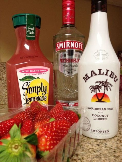 Sneaky beach cocktails! Mixed with watermelon Smirnoff vodka, Cocunut Malibu, simply rasberry lemonade & fresh strawberries. by Deborah Carlson Rasberry Lemonade, Smirnoff Watermelon, Hippie Juice, Smirnoff Vodka, Beach Cocktails, Beach Drinks, Liquor Drinks, Grand Marnier, Coconut Rum