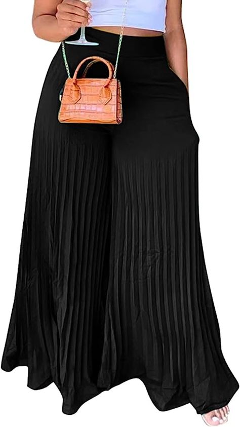 Choichic Women's Casual Loose Fit Plus Size Chiffon Pleated High Waisted Wide Leg Palazzo Pants Trousers Flare Pants with Pockets Black Small at Amazon Women’s Clothing store Chic Dress Classy, Wide Leg Palazzo Pants, Flowy Pants, Pants With Pockets, Palazzo Pants, Amazon Women, Chic Dress, Pants Trousers, Women's Casual