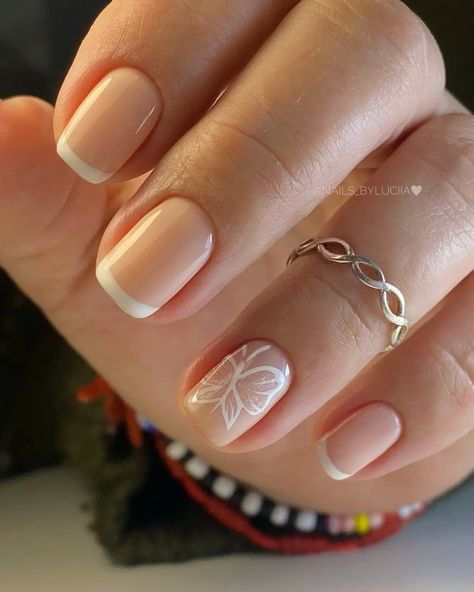 22+ Amazing Short Classy Nail Ideas (2024) - DrExplains French Nails With Simple Design, Simple Gel Nails Square, Nail Art Simple French Tips, Simple French Nails With Design, Square French Nails Design, Cute Natural Nail Designs Simple, French Nails With A Design, French Gel Manicure Designs, White Tip With Flower Nails