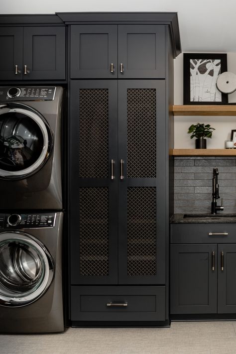 Woodcrest Drive - Transitional - Laundry Room - Minneapolis - by Oak & Arrow Homes | Houzz Mudroom Laundry Room Closet Ideas, 6x10 Laundry Room, Restoration Hardware Laundry Room, Laundry Room New Build, Tricorn Black Laundry Room, Laundry Room Top Load Washer, Glamorous Laundry Room, Dark Washer Dryer Laundry Room, Refrigerator In Laundry Room