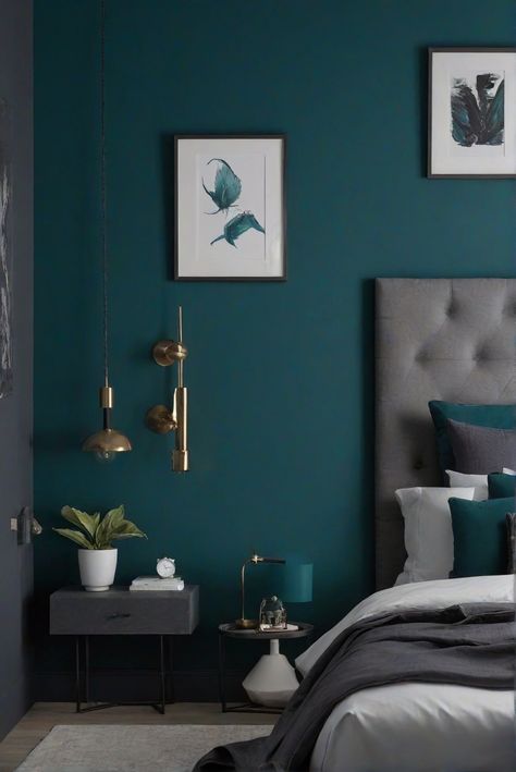 dark teal wall paint, bedroom decor, trendy decor option, interior design	Color	match paint, wall painting, interior decor, space planning Dark Teal And Gray Bedroom, Teal Bedroom Wall Ideas, Black Ceiling Teal Walls, Peacock Blue Bedroom Walls, Emerald Teal Paint Color, Teal Wall Paint Ideas, Teal Wall Paint Colors, Dark Teal Walls Bedroom, Dark Wall Color Ideas