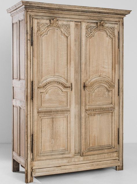 The Antique Leah Bleached Armoire - Circa 1860 is simply stunning, crafted in France (circa 1860) and loaded with impressive details. The hand-carved decorative accents have museum-worthy designs for dimension and flair. 2 large doors open up to reveal 3 hidden shelves. #french, #antique, #armoire French Country Armoire, Elegant Outdoor Furniture, Mirrored Armoire, Hidden Shelf, Armoire Wardrobe, French Armoire, Antique Armoire, Vintage French Country, Steel Barrel