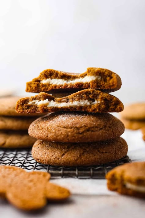 A fun twist on a holiday favorite! These cheesecake stuffed gingerbread cookies are soft and spiced to perfection, filled with a rich and creamy filling. Each bite is a dream! Cheesecake Stuffed Ginger Spiced Cookies, Cheesecake Stuffed Ginger Cookies, Cookies Made With Honey, Stuffed Cheesecake, Christmas Themed Cookies, Ranger Cookies, Pastry Rolls, Desserts For Christmas, Happy Festivus