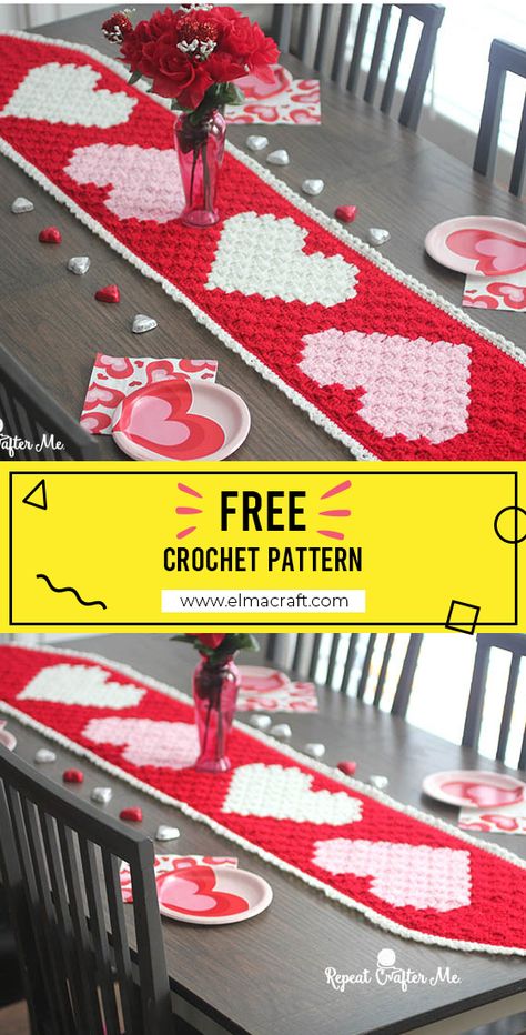 Heart Table Runner, Crochet Bedsheets, Valentine's Day Crochet, Valentine Crochet, Crochet Valentine Patterns, Crochet Valentines, Crochet Valentine, Heart Table, Crochet Hearts