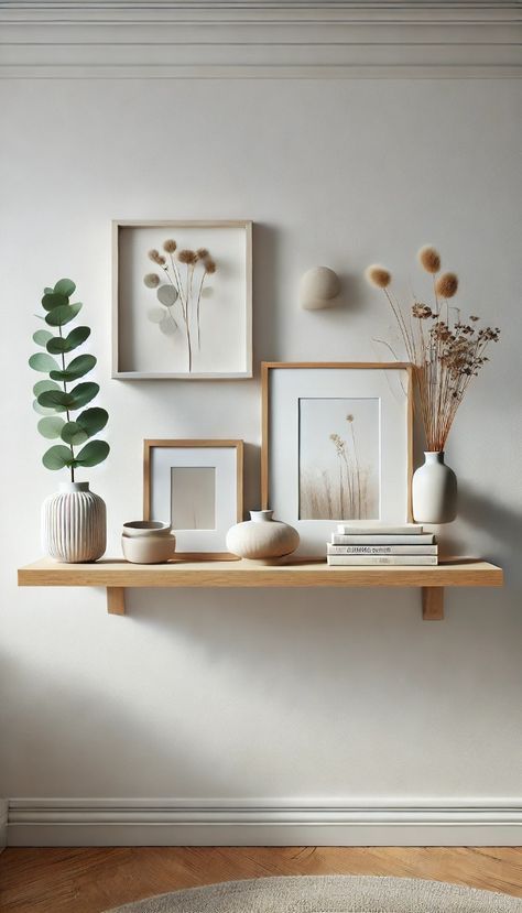 Floating Shelf Above Couch, Floating Shelf Decor Ideas, Potted Eucalyptus Plant, Shelf Above Couch, Entryway Floating Shelves, Floating Shelf Ideas, Colored Books, Shelf Decor Ideas, Wall Shelves Living Room