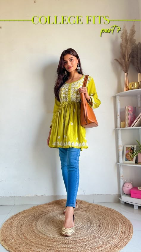 Trending Outfits Indian Casual, Collage Wear Outfits Casual Indian, Indian Wear College Outfits, Earrings For Jeans Outfit, Dress Outfits For College, Mbbs College Outfit, Baggy Jeans Outfit Indian, Traditional Jeans Outfit, College Going Outfits