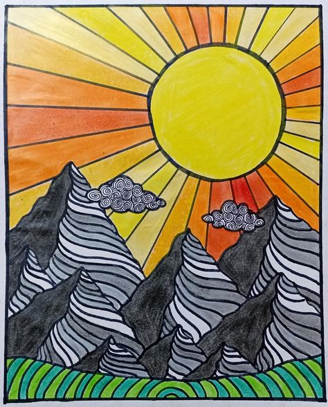 Painting Sunrise Easy, 7 Elements Of Art In One Drawing Easy, Line Art Landscape Drawings, Nature Drawing Ideas Easy, Elements And Principles Of Art Drawings, Drawing Landscapes Easy, Easy Landscape Drawing Ideas, 7 Elements Of Art In One Drawing, Line Landscape Drawing