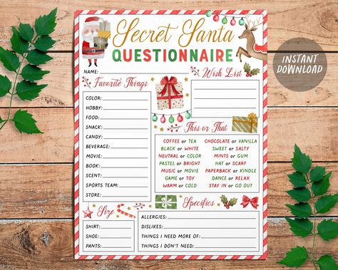 Gift Exchange Questionnaire, Gift Exchange Form, Wishlist Printable, Vanilla Drinks, Secret Santa Questionnaire, Secret Santa Gift Exchange, Elves Gift, Christmas Gift Exchange, I Feel Free