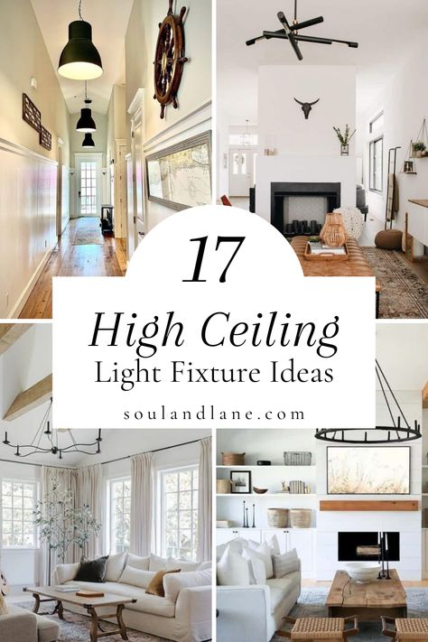 Brighten your home with elevated illumination, featuring creative light fixture ideas designed for high ceilings. Embrace the opportunity to make a statement with sculptural pieces that act as both light sources and artwork, enhancing the aesthetic of your space. For areas that require focused lighting, such as reading nooks or dining tables, consider using pendant lights with extendable cords that can be adjusted to your desired height. Industrial-style fixtures or exposed Edison bulbs can add Vaulted Ceiling Living Room Pendant Lights, High Ceiling Hanging Lights, Dining Room Lighting Over Table High Ceiling, Ceiling Lights For High Ceilings, Light Fixtures For Tall Ceilings, Tall Ceiling Lighting Ideas, Lighting With Vaulted Ceilings, High Ceiling Lamps Living Rooms, Lighting For Angled Ceiling