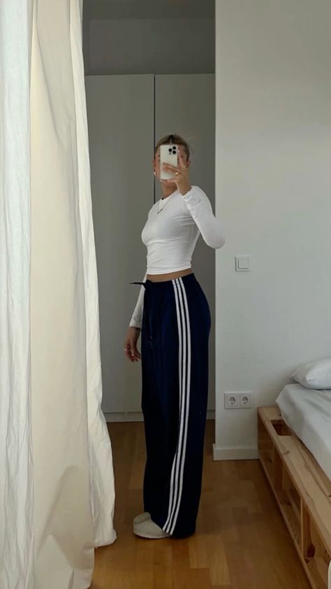 Fashion: #fashion, #style, #outfitinspiration, #beauty Dress Up Black Sweatpants, Track Pants Gym Outfit, Striped Track Pants Outfit, Gym Fit Sweatpants, Navy Blue Track Pants Outfit, Exercise Outfits Aesthetic, Navy Track Pants Outfits, Trackpants Adidas Outfit, Track Pants Outfit Winter