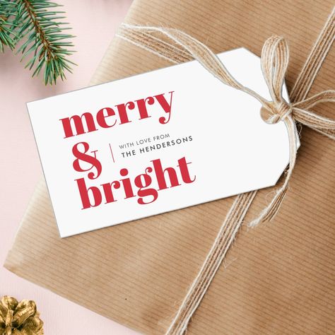 A stylish modern holiday gift tag with a bold retro typography quote "merry & bright" in bright red on a white background. The greeting and name can be easily customized to suit your needs. A trendy fun design to stand out this holiday season! Red Suitcase, Trendy Christmas Gifts, Watercolor Foliage, Leaf Watercolor, Stylish Luggage, Fashion Stand, Custom Ribbon, Retro Typography, Christmas Favors