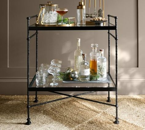 Dining Room Furniture | Pottery Barn French Bar Cart, Black Bar Cart, Bar Cart Inspiration, Industrial Bar Cart, Apartment Bar, Brass Bar Cart, Pottery Barn Furniture, Modern Bar Cart, Metal Bar Cart