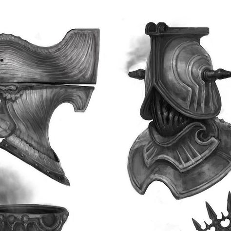 Ivan Mikhalenko (Russia - Spb) on Instagram: "Some “dark fantasy” helmets...inspired by @arielperezart concept of helmets #medievalart #medieval #armor #helmet #creaturecorner @creaturecorner #conceptart #knight #mehowleach #digitalpainting #darkfantasyart #fantasyart #bloodborne #darksouls #darkart #artstation #artworks #instaart #newart" Fantasy Helmet Design, Fantasy Helmet, Armor Helmet, Knights Helmet, Knight Armor, Medieval Armor, Bloodborne, Helmet Design, Story Characters