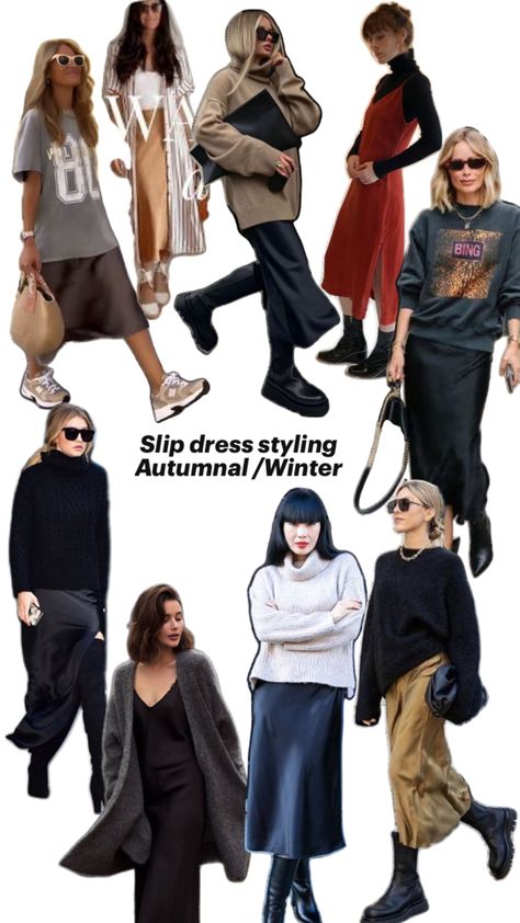 Slip dress with cardigan for colder weather cozy warm outfit syling White Slip Dress Outfit Winter, How To Style Slip Dress Winter, Winter Slip Dress Outfit, Slip Dress Winter Outfit, Slip Dress Fall Outfit, Slip Dress With Cardigan, White Slip Dress Outfit, Colder Weather Outfits, Slip Dress Winter