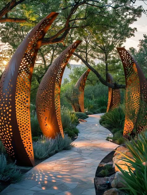 Integrating Sculptural Elements into Modern Garden Design • 333+ Art Images Garden Path Entrance, Natural Light Design Architecture, Architectural Landscape Design, Minimal Landscaping Ideas, Unique Garden Design, Garden Metal Art, Decorative Pathways, Land Art Ideas, Entrance Garden Ideas