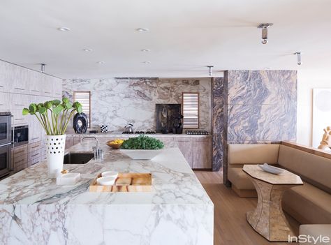 mixed media - marble and tessellated stone. At Home with Kelly Wearstler - The Kitchen from InStyle.com Celebrity Kitchens, Kelly Wearstler Interiors, His And Hers Sinks, Malibu Beach House, Malibu Home, Sunken Living Room, Walnut Floors, Classic Kitchen, Celebrity Homes