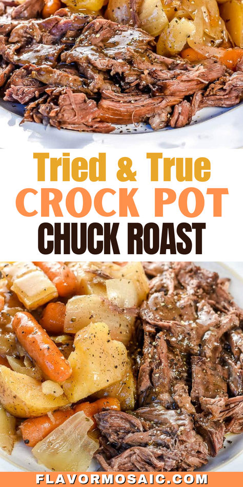 The whole family will love this Tried & True Crock Pot Chuck Roast Recipe. The entire dinner cooks together in the slow cooker so you can simply load all the ingredients into your Crock Pot in the morning and have a hot meal ready for you at the end of the day, with only one thing to wash up! With roasted potatoes, carrots, and onions, is so juicy, tender, and flavorful, no one would ever believe how easy it is to make dinner in the slow cooker! Roasted Potatoes Carrots And Onions, Roast With Onion Soup Mix, Chuck Roast Crock Pot Recipes, Beef Roast Recipe, Roasted Potatoes Carrots, Crock Pot Chuck Roast, Roast Beef Crock Pot Recipes, Crockpot Pot Roast, Crockpot Roast Recipes