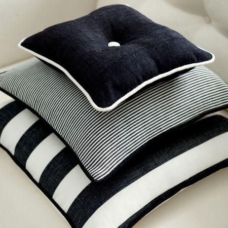 Clarke and Clarke -  Riviera Fabric Collection - Black and white striped cushions on white upholstery Clarke And Clarke Fabric, White Upholstery, Upholstery Cushions, Striped Cushions, Black Cushions, Black And White Fabric, Black And White Decor, Pillow Styling, White Cushions