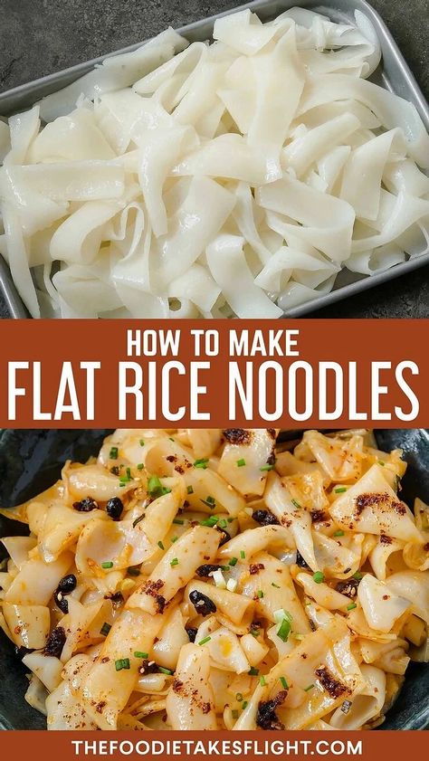 Homemade Fresh Flat Rice Noodles - The Foodie Takes Flight Making Fresh Rice Noodles, Mac Noodle Recipes, Homemade Rice Noodles How To Make, How To Make Rice Noodles Recipe, Flat Rice Noodles Recipes, How To Make Rice Noodles Homemade Pasta, Rice Pasta Recipes Noodles, Homemade Asian Noodles, Homemade Rice Noodle Recipes