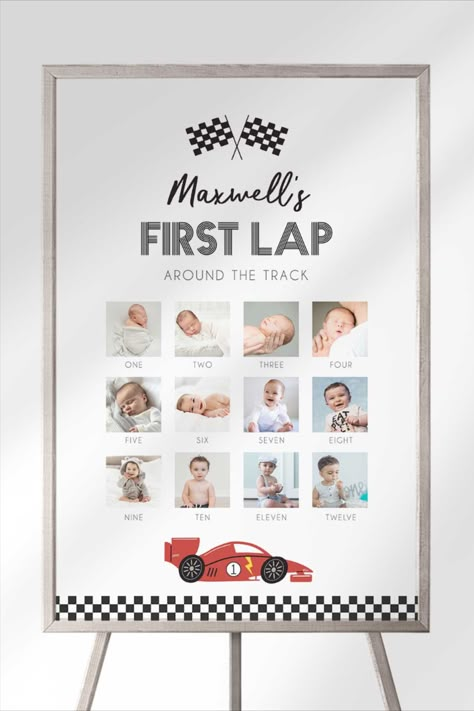 Zoom through your little racer's first year with our 'First Lap Around the Track' 12-month photo milestone chart! From their first smile to their first steps and beyond, this chart captures every thrilling moment in a racing-themed style. With vibrant race car designs and customizable photo spaces, it's the perfect way to celebrate their first lap around the track! 🏁🎉 #FirstLapBirthday #RaceCarParty #FastONE #Racecar1stbirthday #Racecarmilestonechart" First Lap Birthday, Milestone Chart, Boys First Birthday Party, Baby First Birthday Themes, Boys First Birthday Party Ideas, Car Birthday Party, Race Car Birthday Party, Cars Theme Birthday Party, Car Theme